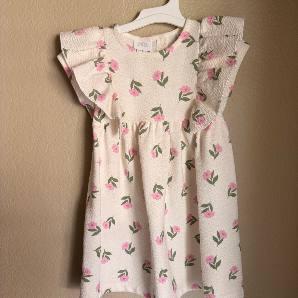 Zara Kids White Dress with Pink Floral Pattern